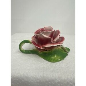 VTG Capodimonte Bassano Porcelain Pink Rose Candle Holder Made In Italy‎